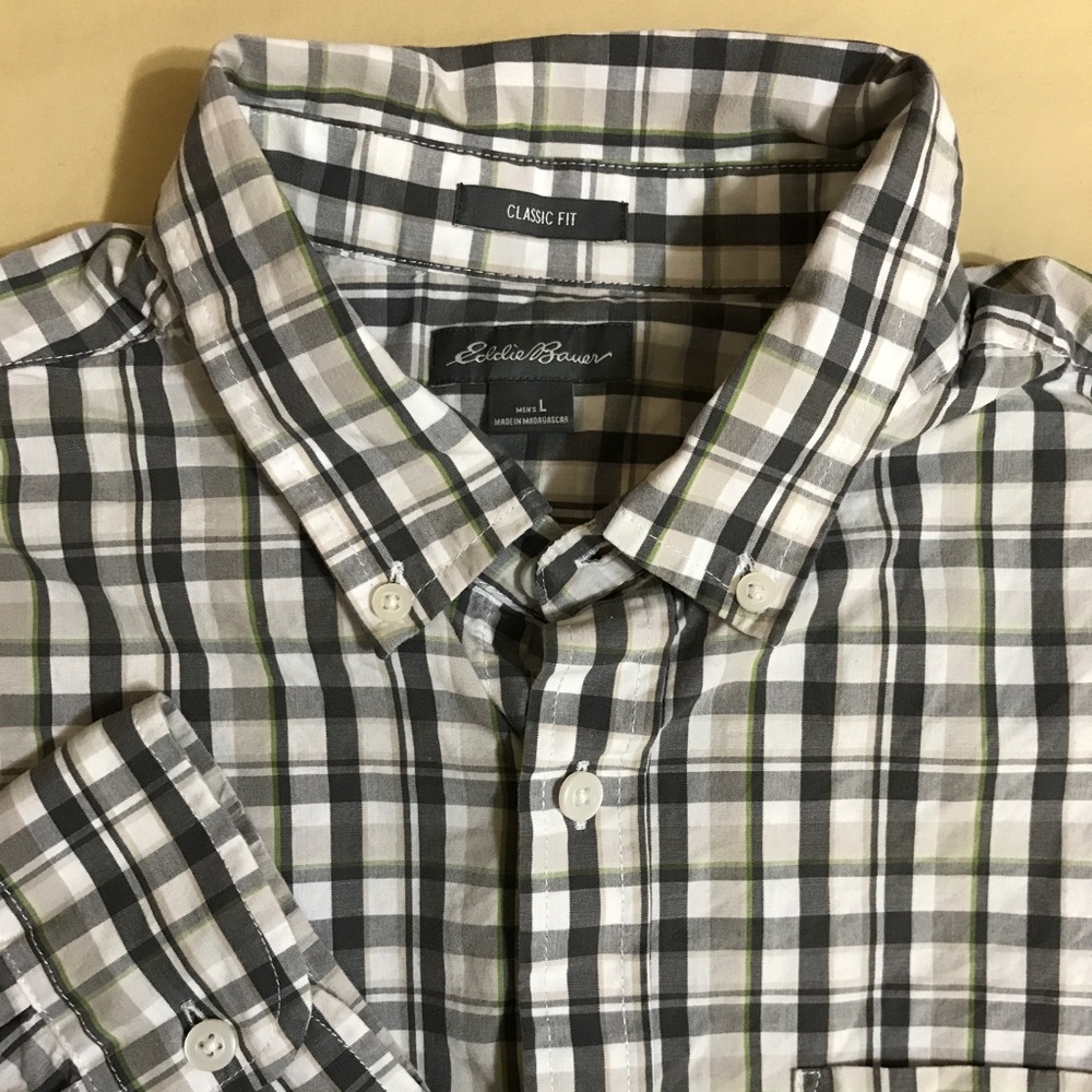 Eddie Bauer Mens L Long Sleeve Button Up Shirt Plaid Gray Green